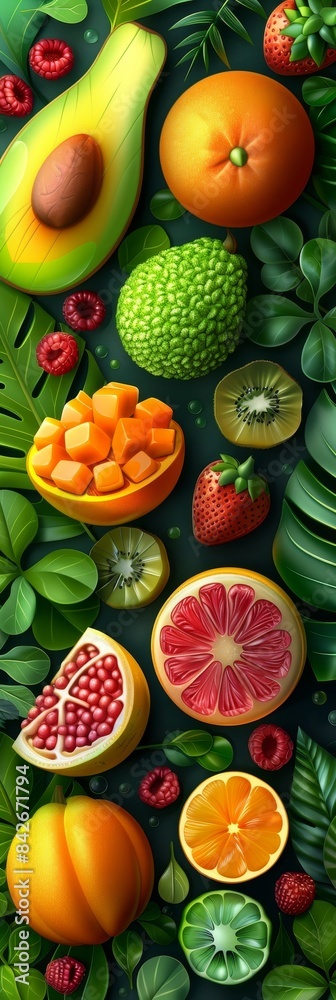 Vibrant Fruit and Green Leaves Abstract Background Vibrant Fruit and Green Leaves Abstract Background