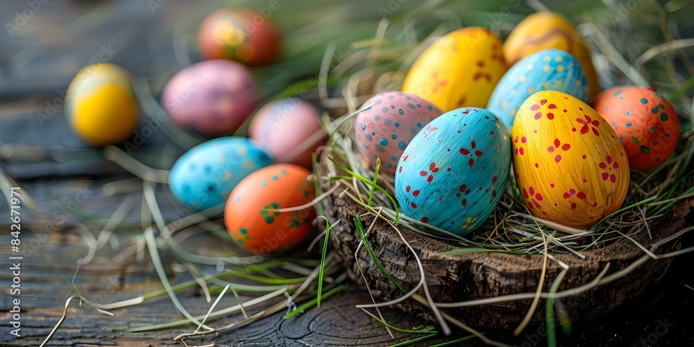 Easter Egg Display on Rustic Wooden Background for Promotions. Concept Easter Promotion, Rustic Decor, Spring Marketing, Festive Background, Seasonal Display Easter Egg Display on Rustic Wooden Background for Promotions. Concept Easter Promotion, Rustic Decor, Spring Marketing, Festive Background, Seasonal Display