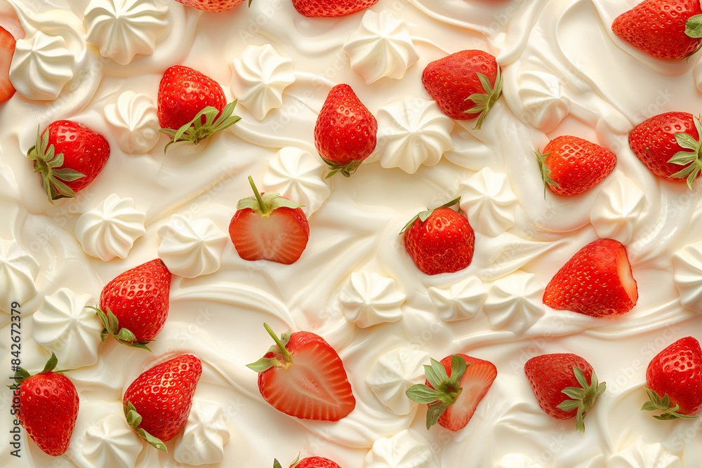 Close-up of fresh strawberries placed on a smooth, swirled white cream background, creating a delicious and appealing dessert-themed image, ideal for food photography. Close-up of fresh strawberries placed on a smooth, swirled white cream background, creating a delicious and appealing dessert-themed image, ideal for food photography.