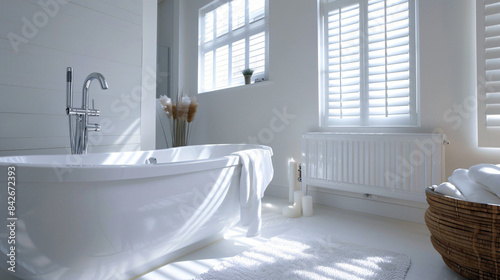 Stylish bathroom interior with heated towel rail and m