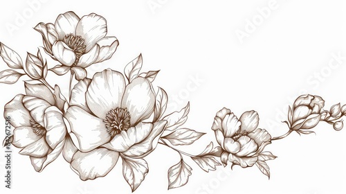 Wallpaper Mural Floral corner design, peonies and magnolia flowers, vector line art, high resolution, clean white background generated with AI Torontodigital.ca