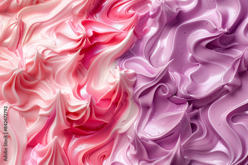 Close-up of swirled pink and white ice cream texture, evoking a soft, luscious, and delicious feel, perfect for backgrounds, food, and dessert themes.