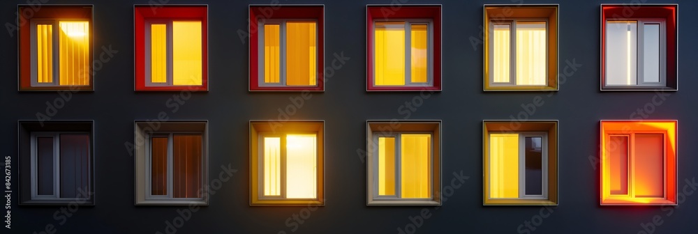 A modern apartment building with a clean facade featuring multiple windows illuminated in various warm colors during the nighttime, creating a warm urban atmosphere. A modern apartment building with a clean facade featuring multiple windows illuminated in various warm colors during the nighttime, creating a warm urban atmosphere.