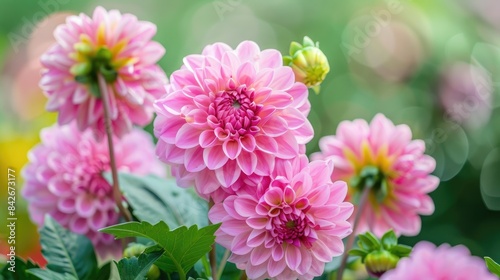 Pink dahlia flowers blooming beautifully in the autumn garden