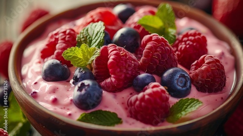 Close-up of juicy raspberries and blueberries on creamy yogurt in a terracotta bowl  perfect for a wholesome meal