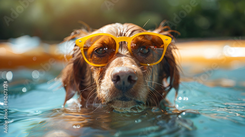 Dog With Yellow Glasses In river, world Animals Day, House pets, Pets Day, Generative Ai