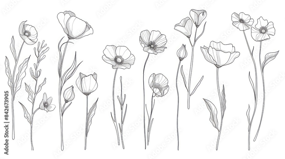 Obraz premium A set of delicate wildflower line drawings, each with its own unique design and shape. In the style of minimalist generated with AI
