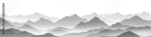 Mountain landscape, seamless border, vector halftone dots background, fading dot effect	