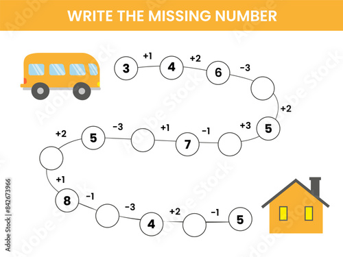 Mathematical educational game for children. Complete the series and insert the missing numbers. Solve the equation and help the car get home. Educational cards for children