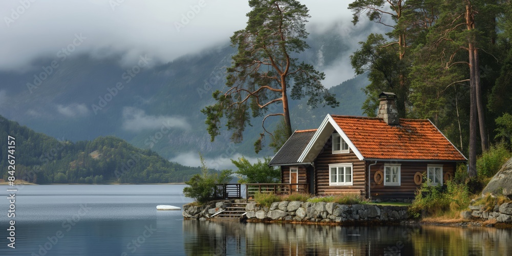 Fototapeta premium A beautiful scene of a wooden cabin by the lakeside, surrounded by lush trees and overlooking a calm lake, perfect for a peaceful retreat and enjoying nature.