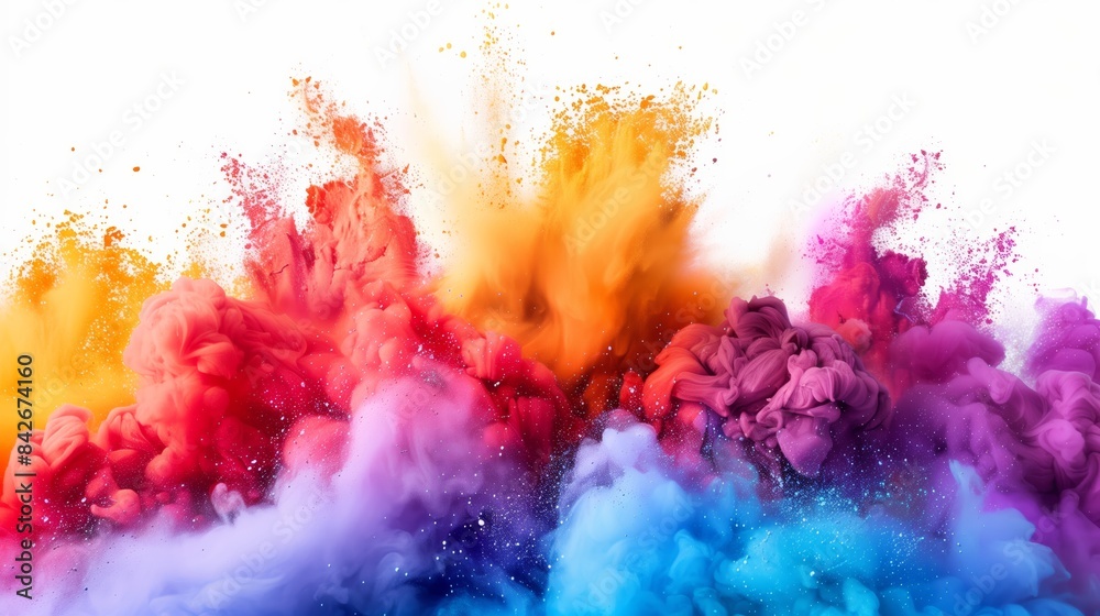 Explosive Burst of Colorful Dry Pigments in Mid-Air Against White Background Explosive Burst of Colorful Dry Pigments in Mid-Air Against White Background