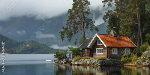 A beautiful scene of a wooden cabin by the lakeside, surrounded by lush trees and overlooking a calm lake, perfect for a peaceful retreat and enjoying nature.