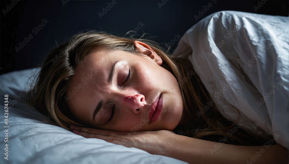 Portrait of a sick or tired woman lying in a white bed at home. Portrait of a sick or tired woman lying in a white bed at home.
