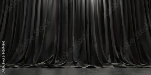 Closed black stage curtains with dramatic lighting from above, . The elegant and sophisticated drapery sets the scene for theatrical performances, presentations, and special events, photo