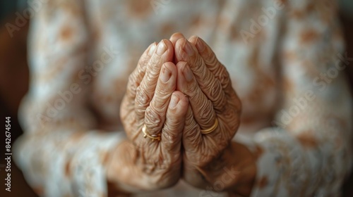A close-up shot of folded hands of an older person, adorned with a ring and elegantly patterned fabric