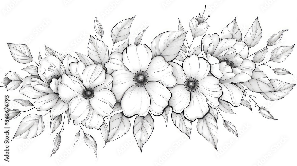 Beautiful flowers tattoo design, ink outline, simple line art, clipart style isolated on white background generated with AI Beautiful flowers tattoo design, ink outline, simple line art, clipart style isolated on white background generated with AI