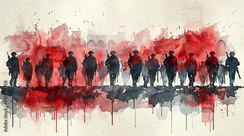 World War One soldiers silhouette illustration. Generated by AI photo