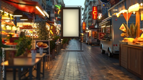 Fototapeta Naklejka Na Ścianę i Meble -  Food truck alley in the city, adorned with a small vertical street billboard.