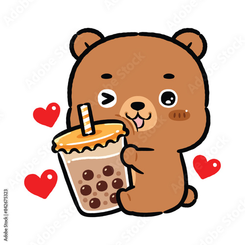 Cute Baby Brown Bear Hugging Boba Milk Tea. Kawaii Style Cartoon