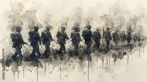 World War One soldiers march to war. Generated by AI