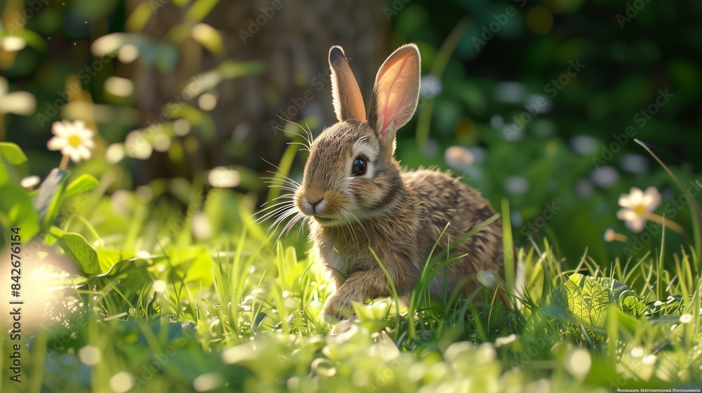 A baby rabbit hopping through a garden.