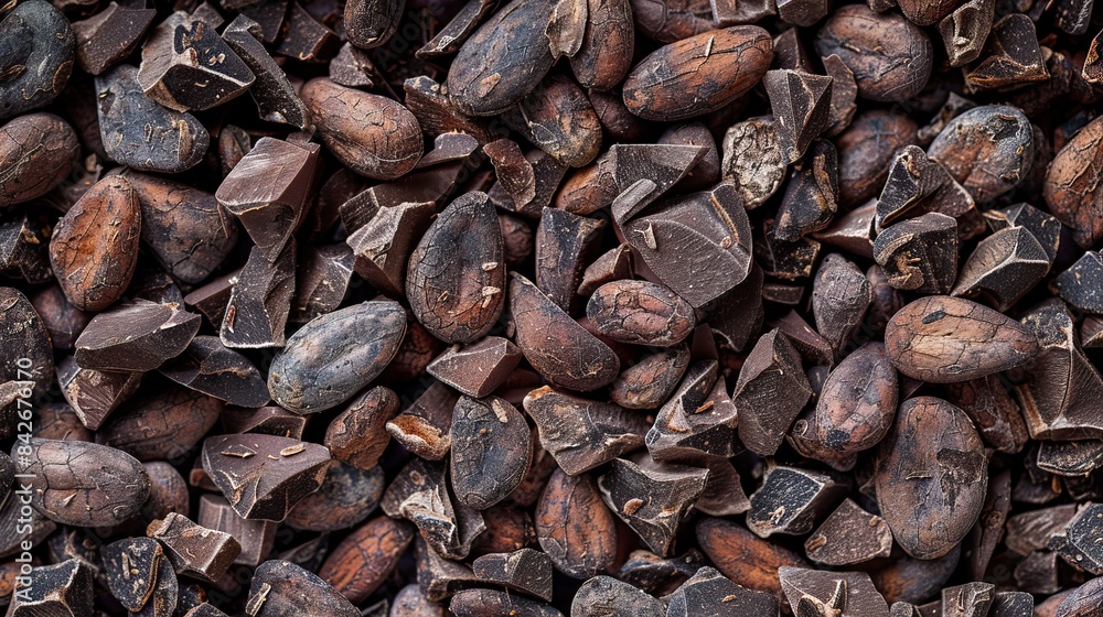 Close-up of raw cacao cocoa nibs beans showcasing the raw materials used in chocolate production. Close-up of raw cacao cocoa nibs beans showcasing the raw materials used in chocolate production.