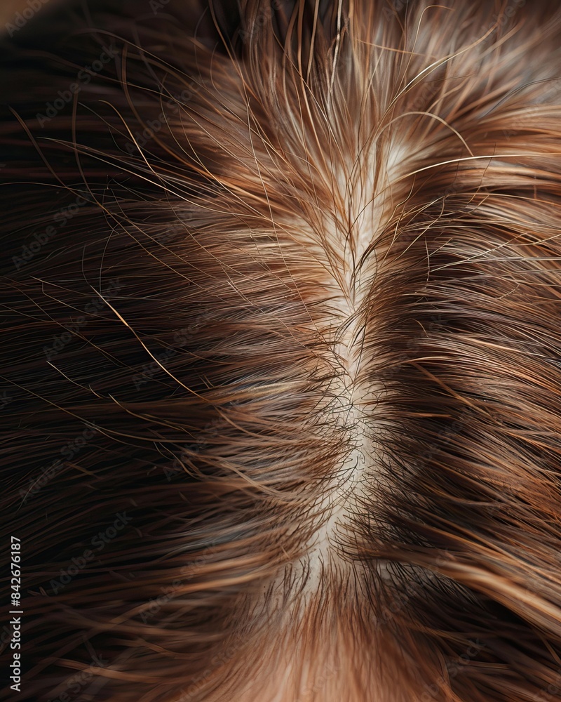 Close-up view of a scalp with brown hair. Perfect for health, beauty, hair care, and trichology concepts. Close-up view of a scalp with brown hair. Perfect for health, beauty, hair care, and trichology concepts.