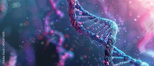 Close-up of a DNA helix strand with vibrant colors and bokeh background, representing the complexity of genetic science and biotechnology.