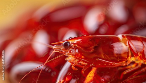 Close-up of a vibrant krill against a backdrop of krill oil capsules, omega 3 supplement