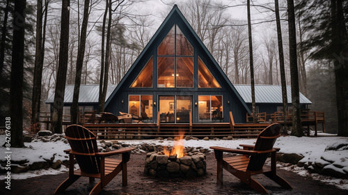 Illustration of a wooden lady with large windows. Winter forest with snow. There are wooden chairs in the courtyard for relaxation. The fire is burning. photo