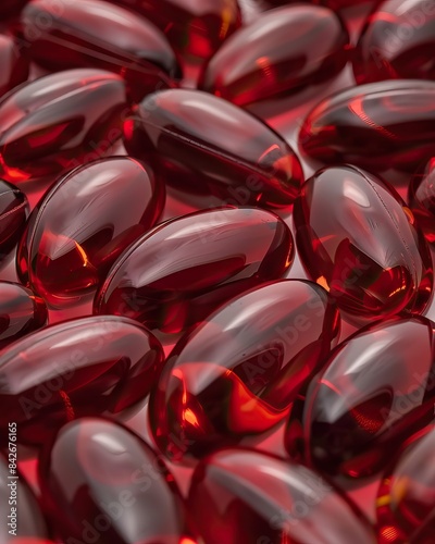 Close-up of numerous shiny red gel capsules with a glossy surface, providing a detailed view of vitamin supplements or medication pills.