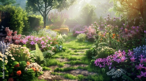 Serene garden with blooming flowers 