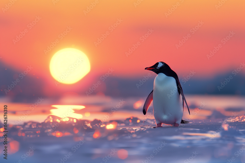 Obraz premium penguin in antarctica at sunset