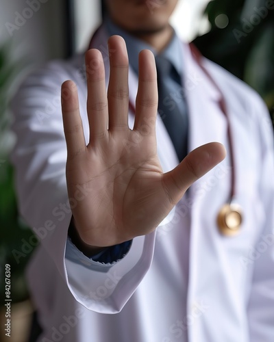 Doctor in a white coat holding out his hand in a stop gesture, emphasizing a serious message or warning.