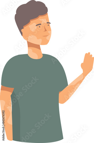 Young man with vitiligo is waving his hand, showing his unique skin pigmentation