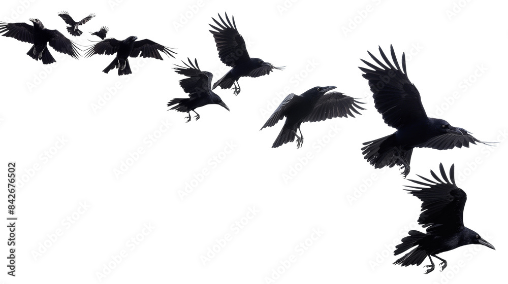 Fototapeta premium Crows and other black birds in flight, forming a flock against a transparent PNG background.