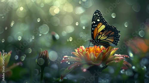A beautiful butterfly landing on a morning dew-covered flower.
