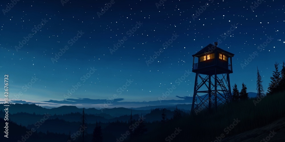 A glowing watchtower stands tall against a star-filled night sky, offering a peaceful and serene perspective from a hillside overlooking forested areas and distant ridges. A glowing watchtower stands tall against a star-filled night sky, offering a peaceful and serene perspective from a hillside overlooking forested areas and distant ridges.