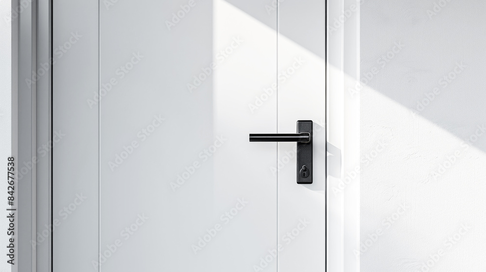 White door with black handle, close-up. Metal door handle, modern style. White door with black handle, close-up. Metal door handle, modern style.