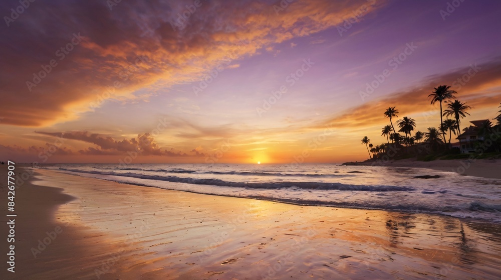 Golden light paints the sky and reflects on the calm ocean waves at a beautiful summer beach sunset Golden light paints the sky and reflects on the calm ocean waves at a beautiful summer beach sunset