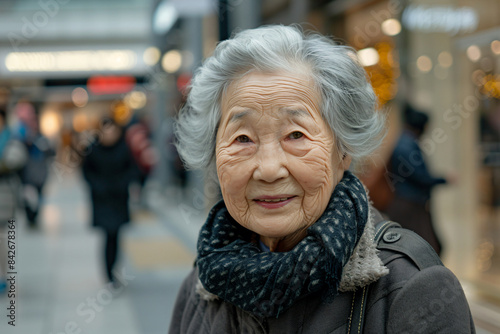 an older woman with a scarf on in a mall