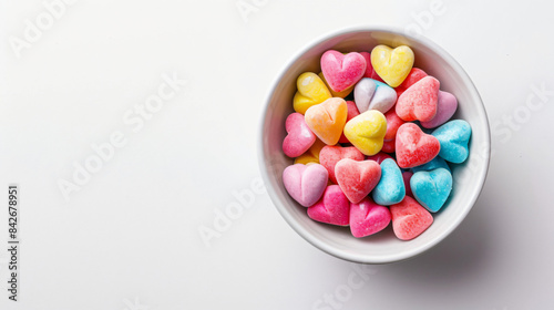 Sweet candy hearts in bowl on white background top view