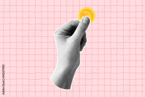 Halftone collage with a hand holding a euro coin. Banner with concept of payment and financial planning, saving. Cut out element on a pink checkered background.