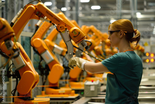 Worker interacting with robotic arms