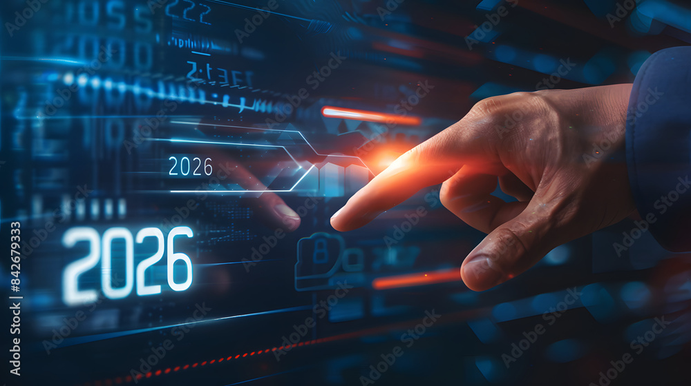 Businessman hand touching digital screen with a progress bar loading and the text 2026 floating on a dark background Businessman hand touching digital screen with a progress bar loading and the text 2026 floating on a dark background
