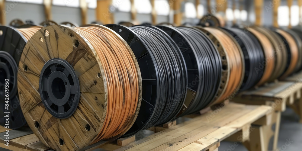 Close-up of industrial reels with black cables neatly coiled on wooden spools. texture of the cables and spools, representing utility and electrical materials.. Close-up of industrial reels with black cables neatly coiled on wooden spools. texture of the cables and spools, representing utility and electrical materials..