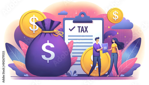 Illustration of Businessman and Businesswoman Discussing Taxes and Financial Management