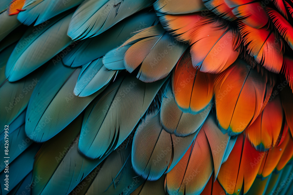 Obraz premium Colorful feathers background. Close up view of colorful bird feathers