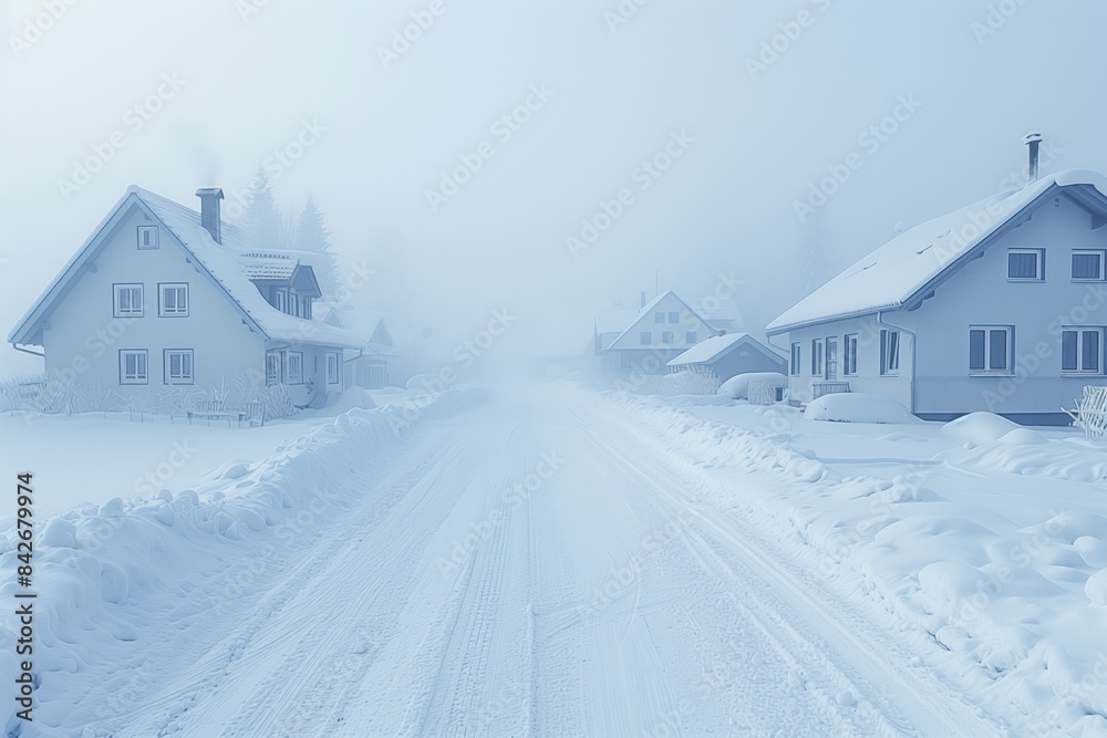Fototapeta premium A snowy village street with white houses on either side, shrouded in thick fog on a winter day