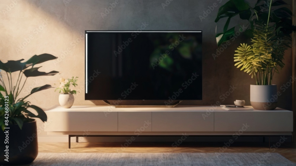 living room interior mockup. TV cabinet or place item in contemporary living room with table, light, flower, and plant